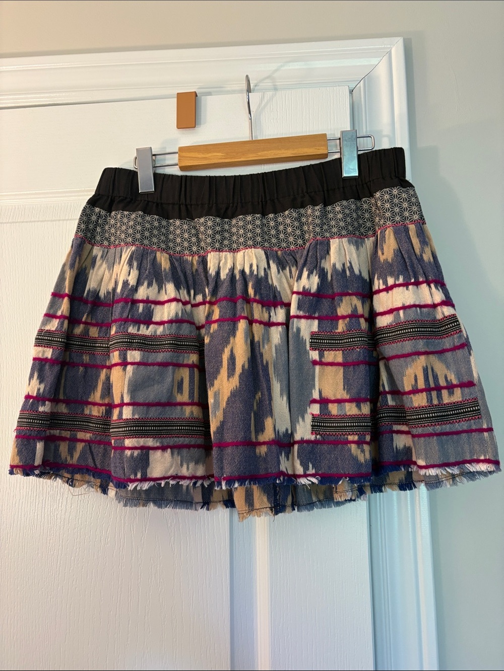 Free People Of Two Ways Boho Ikat Print Mini Skirt in Navy, Cream & Fuchsia